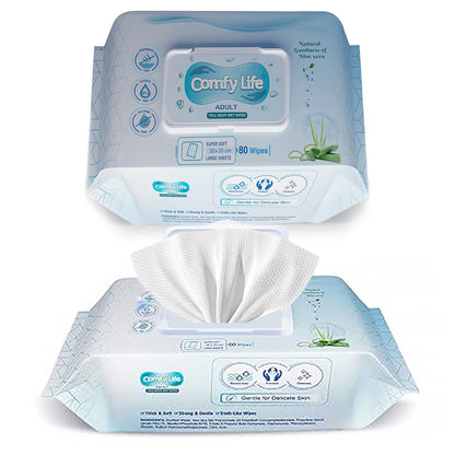 Comfy Life Premium Full Body Cleansing Wet Wipes For Adults - Large Luxury Fresh-feel Rinse-free Fragrance-free Bed Bath Intimate-care Soft 80 Sheets