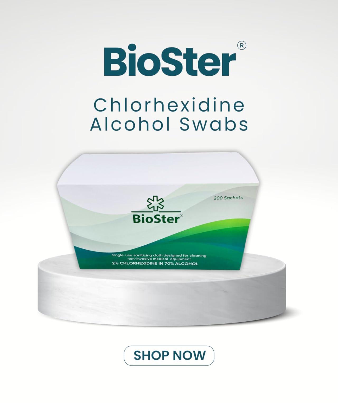 BioSter 2% Chlorohexidine and 70% IP Alcohol Swabs - Multi Purpose Wipes, Kills 99.99% of Germs - (200 Individual Sachets)