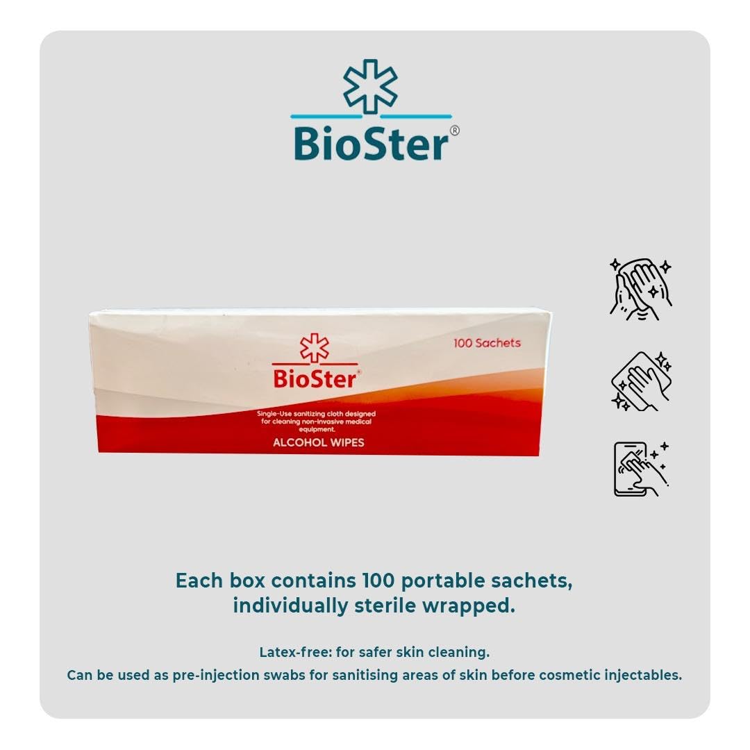BioSter Alcohol Wipes - Single Use Sanitising Wipe Proven 99.999% Kill Rate against Germs & Bacteria x36 of 100 pack