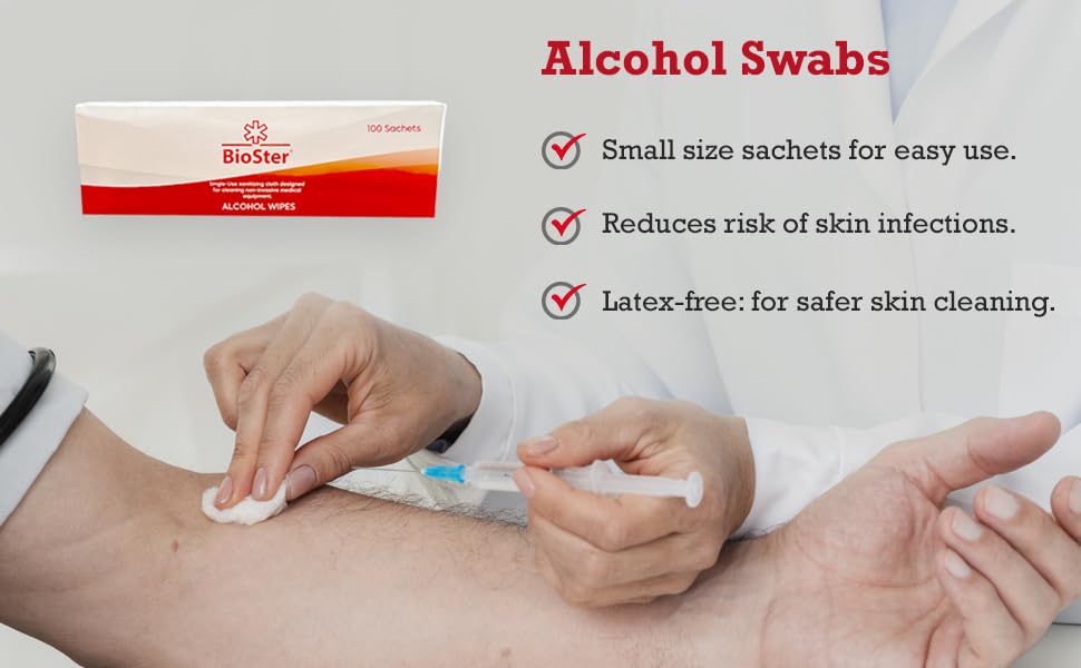 BioSter Alcohol Wipes - Single Use Sanitising Wipe Proven 99.999% Kill Rate against Germs & Bacteria x36 of 100 pack