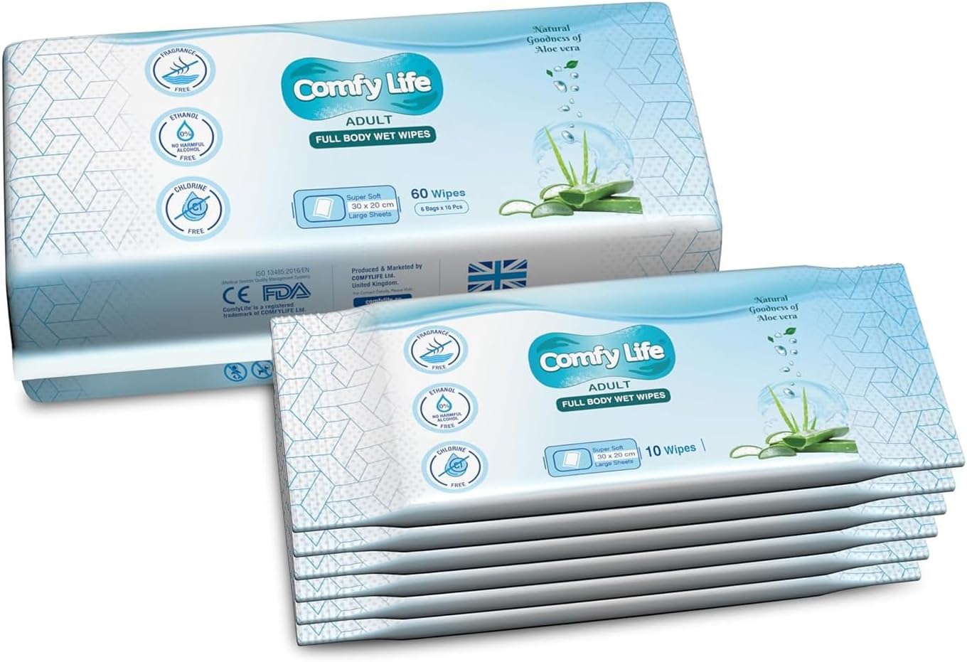 Comfy Life Premium Full Body Cleansing Wet Wipes For Adults - Large Luxury Fresh-feel Rinse-free Fragrance-free Bed Bath Incontinence Hygiene Intimate-care Soft Sheets (6 x Travel Pack (60 Wipes)