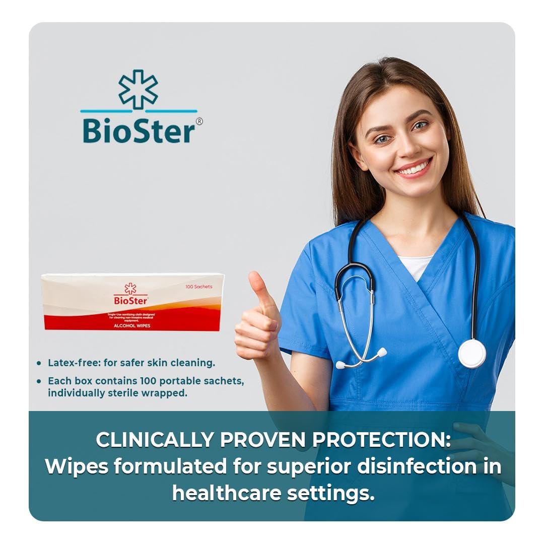 BioSter Alcohol Wipes - Single Use Sanitising Wipe Proven 99.999% Kill Rate against Germs & Bacteria x36 of 100 pack