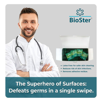 BioSter 2% Chlorohexidine and 70% IP Alcohol Swabs - Multi Purpose Wipes, Kills 99.99% of Germs - (200 Individual Sachets)