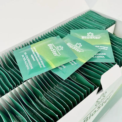 BioSter 2% Chlorohexidine and 70% IP Alcohol Swabs - Multi Purpose Wipes, Kills 99.99% of Germs - (200 Individual Sachets)