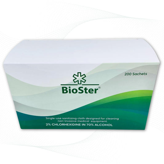 BioSter 2% Chlorohexidine and 70% IP Alcohol Swabs - Multi Purpose Wipes, Kills 99.99% of Germs - (200 Individual Sachets)