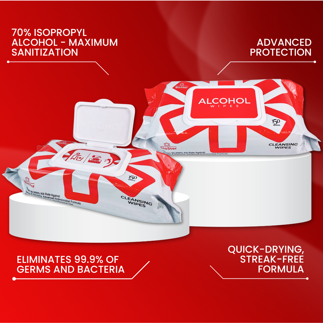 BioSter Alcohol Cleansing Wipes - Pack of 6x 150 Wipes - Ideal for Hospital, Clinical and Personal Use