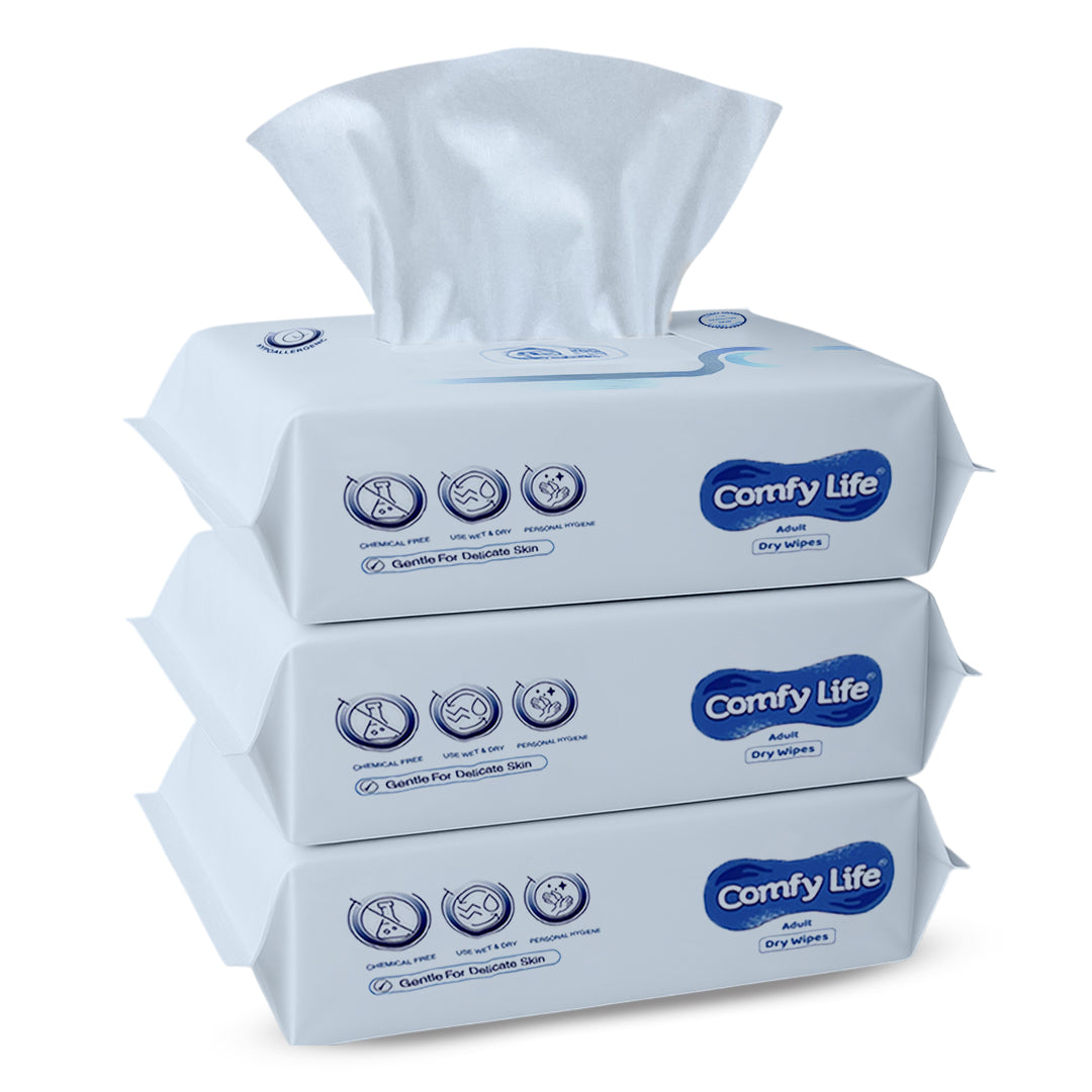 Comfy Life Premium Full Body Cleansing Dry Wipes For Adults - Large Luxury Fresh-feel Rinse-free Fragrance-free Bed Bath Intimate-care Soft Sheets (3 Pack x 100 Wipes)