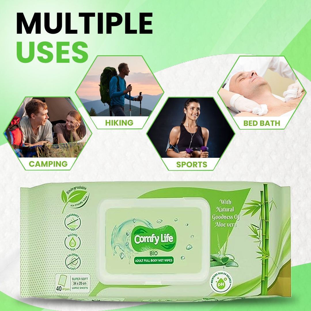 Comfy Life Biodegradable Adult Full Body Wet Wipes Large Luxury Eco-Friendly Fresh-Feel Rinse-Free Fragrance-Free Bed Bath Intimate-Care Soft Sheets x40