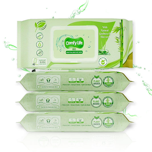 Comfy Life Biodegradable Adult Full Body Wet Wipes Large Luxury Eco-Friendly Fresh-Feel Rinse-Free Fragrance-Free Bed Bath Intimate-Care Soft Sheets x40