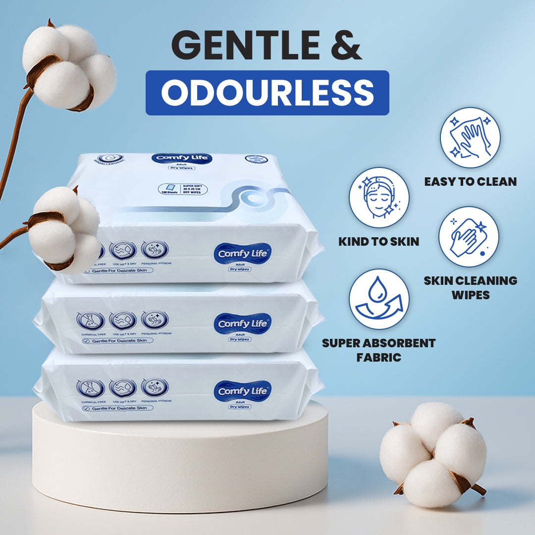 Comfy Life Premium Full Body Cleansing Dry Wipes For Adults - Large Luxury Fresh-feel Rinse-free Fragrance-free Bed Bath Intimate-care Soft Sheets (3 Pack x 100 Wipes)