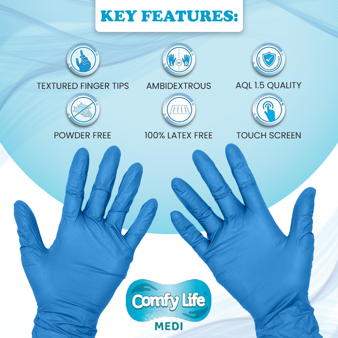 Comfy Life MEDI Pure Nitrile Gloves - Latex & Powder Free Disposable Examination Glove - Pack of 100 Large Blue Nitrile Gloves