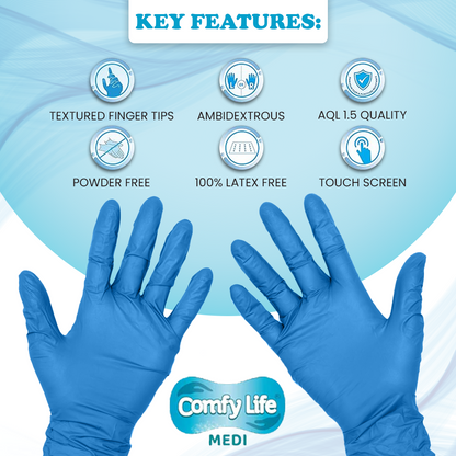 Comfy Life MEDI Pure Nitrile Gloves - Latex & Powder Free Disposable Examination Glove - Pack of 100 Large Blue Nitrile Gloves