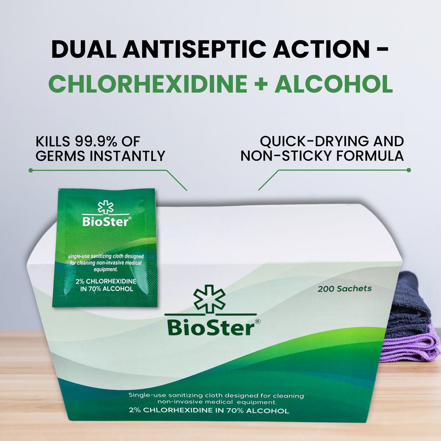BioSter 2% Chlorohexidine and 70% IP Alcohol Swabs - Multi Purpose Wipes, Kills 99.99% of Germs - (200 Individual Sachets)