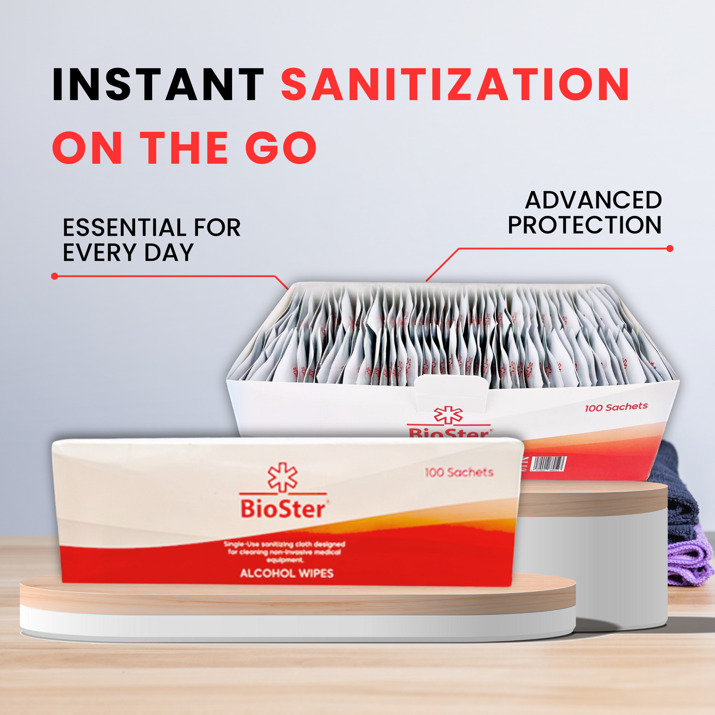 BioSter Alcohol Wipes - Single Use Sanitising Wipe Proven 99.999% Kill Rate against Germs & Bacteria x36 of 100 pack