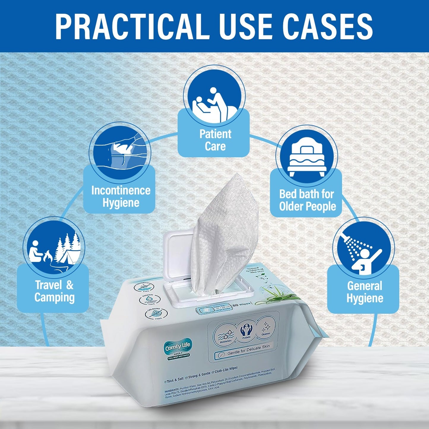 Comfy Life Premium Full Body Cleansing Wet Wipes For Adults - Large Luxury Fresh-feel Rinse-free Fragrance-free Bed Bath Intimate-care Soft 80 Sheets