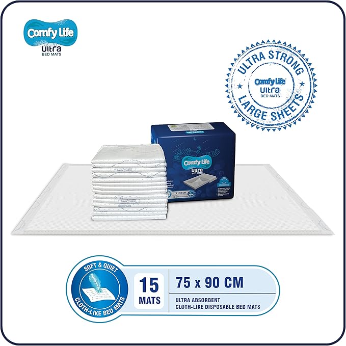 Comfy Life Ultra Bed Mats - Premium Luxury Disposable Incontinence Bed Pads - 75 x 90 cms - Large Sheets (15 Count (Pack of 1)